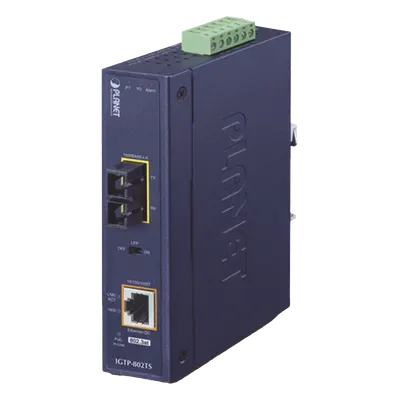 Convertidor de Medios Industrial PoE+ / 1000BASE-LX a 10/100/1000BASE-T / 802.3at / SC Monomodo / 20 km / -40 a 75 °C / IP30 DIN