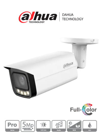 Dahua HAC-HFW2509TU-A-LED - Cámara Bullet Full Color de 5 Megapíxeles/ Lente de 2.8mm/ 111 Grados de Apertura/ 60 Metros de Iluminación/ Micrófono integrado/  WDR real 120dB/ 3D NR/ Super Adapt/ Micrófono integrado/ CVI/CVBS/AHD/TVI/ IP67