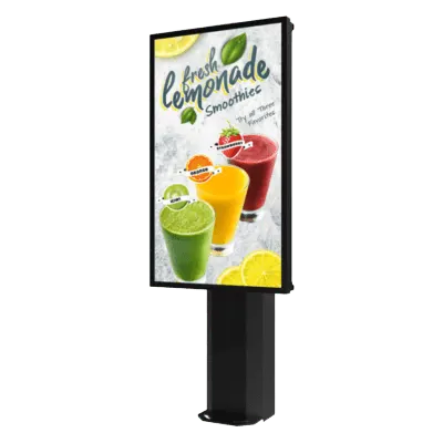 Kiosco exterior para pantalla 55" / IP65 / UL 48 / Base pedestal 8' / Rotación 30° / Diseño ultradelgado