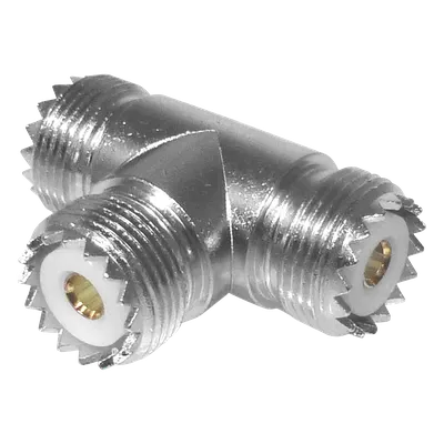 Adaptador RF / Triple UHF Hembra / Forma T / SO-239 / Níquel-Plata / Delrin