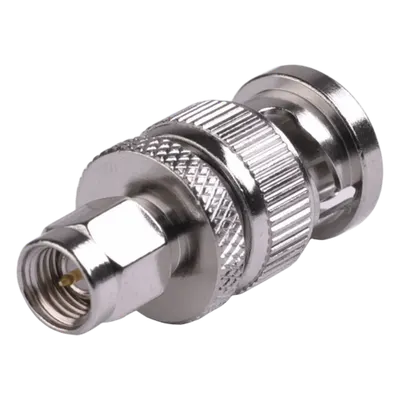 Adaptador Coaxial en Línea / SMA Macho a BNC Macho / Cuerpo Bronce Niquelado / Contacto Oro / Aislante Teflón