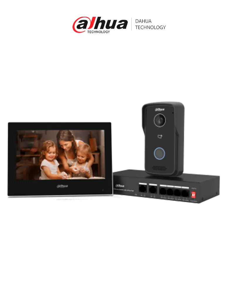 DAHUA KTP03-V2 - Kit de Videoportero IP/ Monitor de 7 Pulgadas. Frente de Calle y Switch PoE/ 6&1 E&S de Alarma/ Frente de Calle IP65/ IR/ Apertura Remota / Switch de 4 Puertos PoE 10/100/ 2 Puertos Uplink/ Controla 1 Puerta/