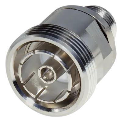 Adaptador en Línea de Conector DIN 7-16 Hembra a N Hembra, Plata / Plata / Teflón.