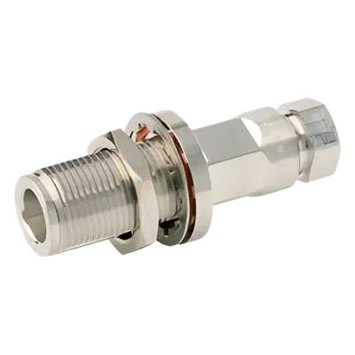 Conector N Hembra de Chasis / Auto-sujetado / FSJ1-50A 1/4" / 50 Ω / DC-6000 MHz / Oro-Plata-Trimetal