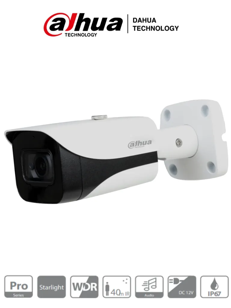 DAHUA HAC-HFW2241E-A- Cámara Bullet Starlight 1080p/ 2 Megapixeles/ 0.004 Lux a Color/ WDR Real 120dB/ Lente 3.6 mm/ IR de 40 Mts/ Microfono Integrado y 1 Entrada de Audio/ IP67/ 3DNR/