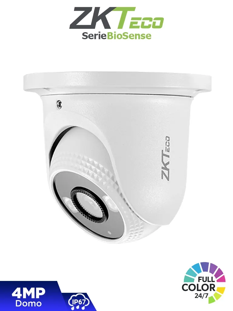 ZKTECO ES-854C31C-S4-C-MI-S  Camara IP Domo Full Color de 4 MP, Serie BioSense, Lente 2.8 mm, Micrófono Integrado, Video Analítico IVA, Visión nocturna a color hasta 30 m, PoE, IP67, Onvif y Carcasa Metálica