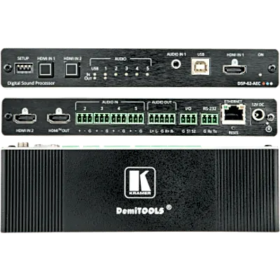 Matriz de Audio DSP 6x2 | DSP Multicanal | Cancelación de Eco Acústico AEC | De-embedding HDMI | Interfaz USB Audio Clase Compatible | 4K@60Hz (4:4:4) | PoE o Adaptador 12V DC | Carcasa DemiTOOLS