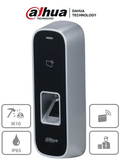 DAHUA ASI1202M-D- Control de Acceso Antivandálico para Exterior/ 3,000 Huellas/ 30,000 Tarjetas ID/ 150,000 Registros/ Metálico/ TCP/IP/ Protección IK10 e IP65/ E&S de Alarma/ RS-485 y Wiegand/ Soporta Lectora Adicional/