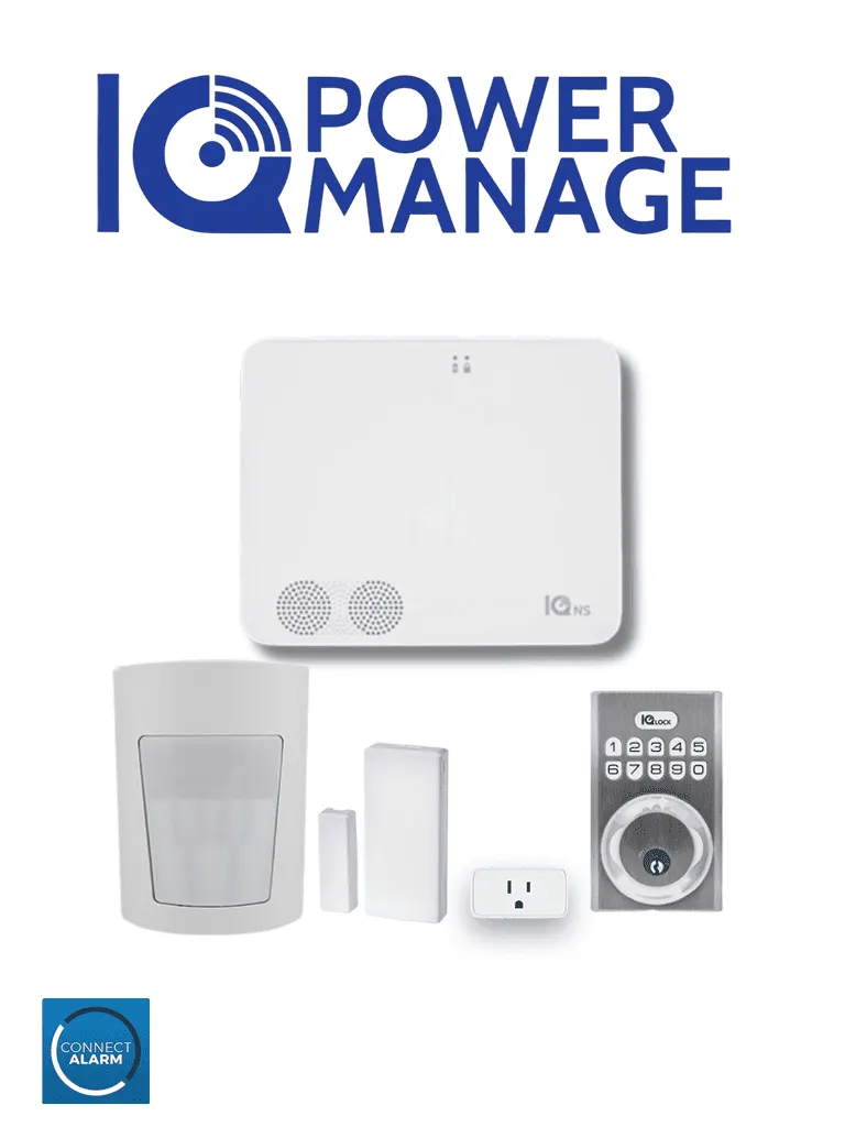 IQ4 NS POWER MANAGE Automation KIT - Paquete que contiene Sistema IQ 4 NS POWER MANAGE, 1 sensor PIR inalámbrico PGP9914, 1 sensor magnético inalámbrico PG9303, 1 enchufe inteligente y una cerradura PowerG