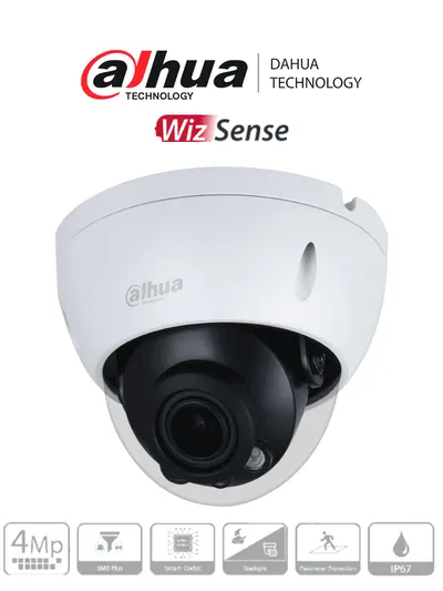 DAHUA IPC-HDBW3441RN-ZAS-27135 - Cámara IP Domo Resolución de 4 MP/ Lente Mot. 2.7 a 13.5mm/ ∢ 104°-27°/ IR 40 mts/ IA WizSense/ Detección de Movimiento Inteligente/ Protección Perimetral/ PoE/ WDR/ H.265+/ IP67/ IK10/ E&S Alarma/ E&S Audio