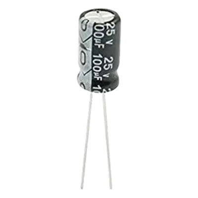 Capacitor Electrolítico Radial / 100 µF / 25 Vcc / 105 °C / 6.3 x 11 mm / Corriente de Rizado 170 mA RMS