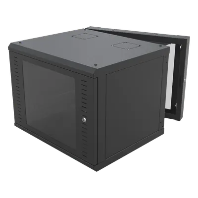 Gabinete de Pared Abatible / Rack 19" 12U / Carga 50 kg / Cristal Templado / Giro 180° / Acero Negro