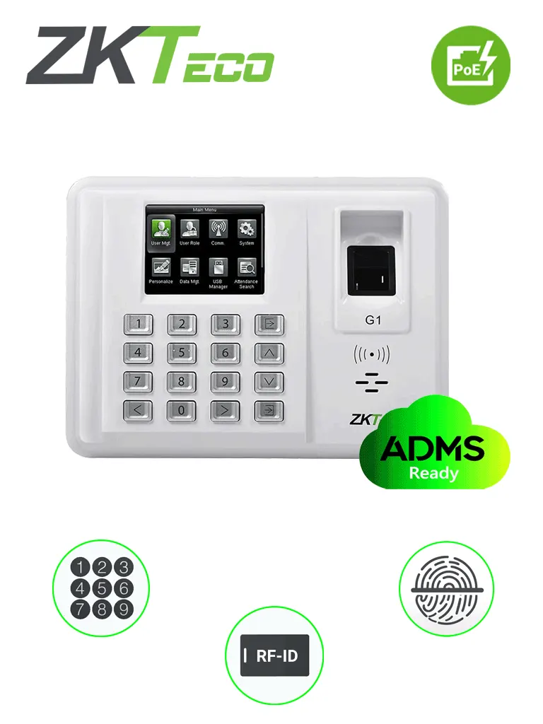 ZKTECO G1IDPoE - Control de Asistencia PoE / Green Label / 5000 Usuarios / 5000 Huellas con BIO ID / 5000 Password / 15000 Tarjetas  ID 125 Khz / 100 000 Registros / ADMS / TCPIP /