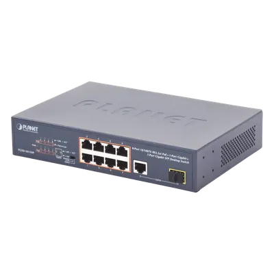 Switch no Administrable 8 puertos 10/100 PoE 802.3af/at 135W, 1 puerto Uplink 10/100/1000 y 1 SFP 100/1000 para escritorio