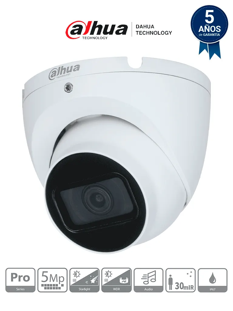 DAHUA HAC-HDW2501TLM-A -  Cámara Domo 5MP, Serie Pro con lente de 2.8mm y ángulo de 111°; IR 30m, micrófono integrado, carcasa metálica, WDR 120dB, IP67, con tecnología Starlight y HDCVI. Calidad superior en cualquier entorno.