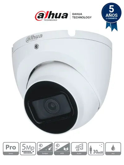 DAHUA HAC-HDW2501TLM-A -  Cámara Domo 5MP, Serie Pro con lente de 2.8mm y ángulo de 111°; IR 30m, micrófono integrado, carcasa metálica, WDR 120dB, IP67, con tecnología Starlight y HDCVI. Calidad superior en cualquier entorno.