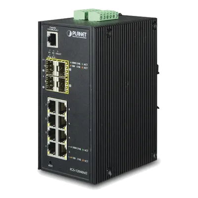 Switch Industrial Administrable / 8 Puertos 10/100/1000T RJ45 / 4 Ranuras 100/1000X SFP / 12-72V DC / 17.85 Mpps