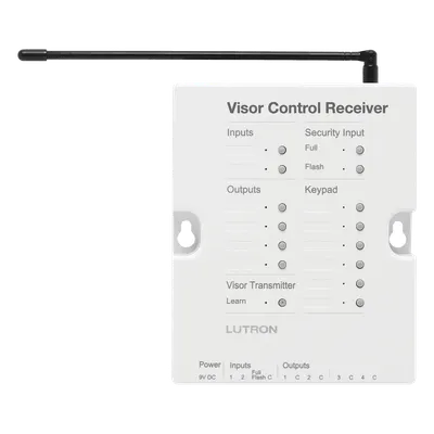 Receptor de Control de Visera / 4 Salidas de Contacto Seco / 2 Entradas de Contacto Seco / Entrada de Seguridad / Hasta 10 Transmisores / RadioRA 2