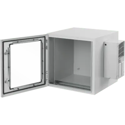 Gabinete Industrial ProTek de 12 UR de 612 x 600 x 614 mm Puerta con Ventana Con Aire Acondicionado de 800 BTU / Protección NEMA Tipo 4/12; IP66, Fabricado en Acero Color Gris Claro