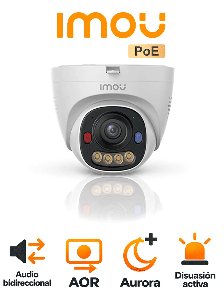 IMOU IPC-PU8EN-4P0 - Cámara Domo IP 4MP/  Lente 2.8mm / Audio Bidireccional/ Aurora Smart Color/ Luz de Advertencia Roja & Azul/ IP67/ 25 Mts IR / Soporta Micro SD Hasta 512GB/ AOR /
