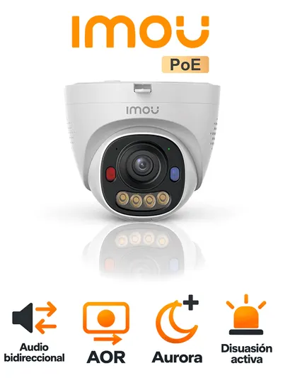 IMOU IPC-PU8EN-4P0 - Cámara Domo IP 4MP/  Lente 2.8mm / Audio Bidireccional/ Aurora Smart Color/ Luz de Advertencia Roja & Azul/ IP67/ 25 Mts IR / Soporta Micro SD Hasta 512GB/ AOR /