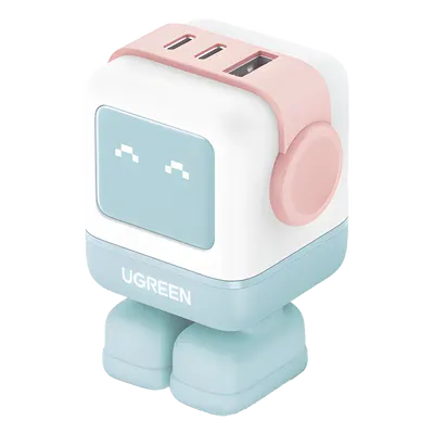 Cargador RobotGaN de 65W Serie UNO | 3 Puertos de Carga Rápida | 2 USB-C | 1 USB-A | PD 3.0 | QC 4.0 | Carga Inteligente | Tecnología GaN II | Zapato Magnético Extraíble | Carcasa Ignifuga | Pantalla LED.