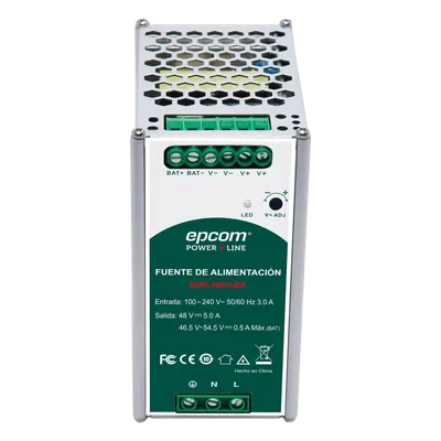 Fuente de Alimentación Industrial / Riel DIN / 48 VCC / 5 A / 240 W / Eficiencia ≥ 90% / -20 a 70 °C / Cargador de Batería Integrado