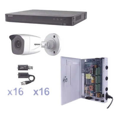 Kit TurboHD / DVR 16 Canales Pentahíbrido / 16 Cámaras Bala 1080p / IR 20 m (65.6 ft) / Fuente de Poder Profesional / Transceptores UTP
