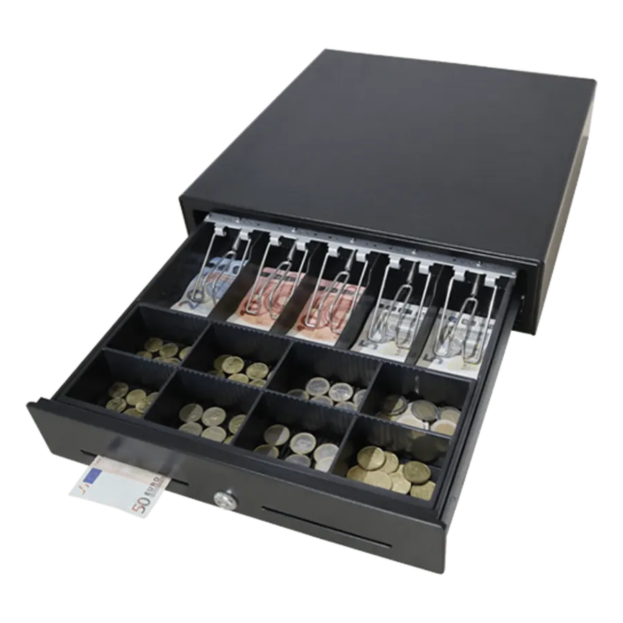 Cajón de efectivo MAKEN MK410 con apertura manual y divisiones ajustables