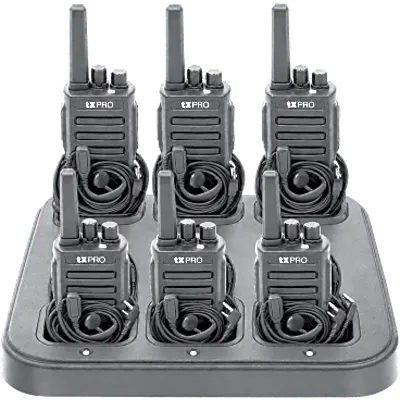 Kit de 6 Radios Portátiles VHF / 16 Canales / Frecuencia 136-174 MHz / Potencia RF 5 W / Batería 2500 mAh / Multicargador incluido / Accesorio de audio