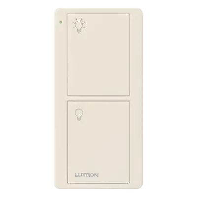 Control Inalámbrico RF / 2 Botones On/Off / Alcance 9 m (30 ft) / Integración con Atenuadores y Hubs / Montaje en Pared o Portátil / Acabado Gloss Light Almond