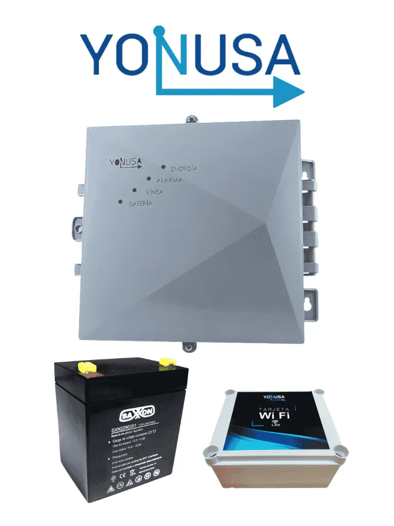 YONUSA PACKEY12000127P - Paquete de energizador de 12,000V para un cerco eléctrico de hasta 3500 mts lineales/ Incluye modulo wifi para manejo y recepción de alertas desde celular/  Batería de respaldo de regalo