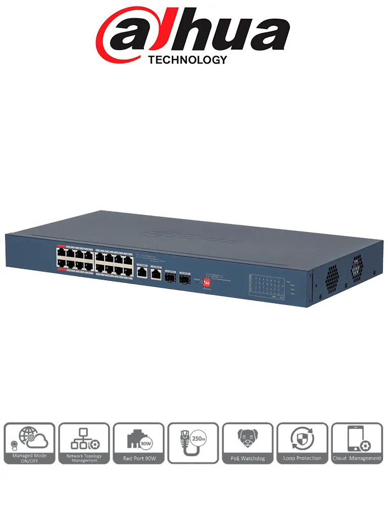 Switch PoE Dahua DH-CS4218-16ET-240 con 16 puertos y gestión en la nube