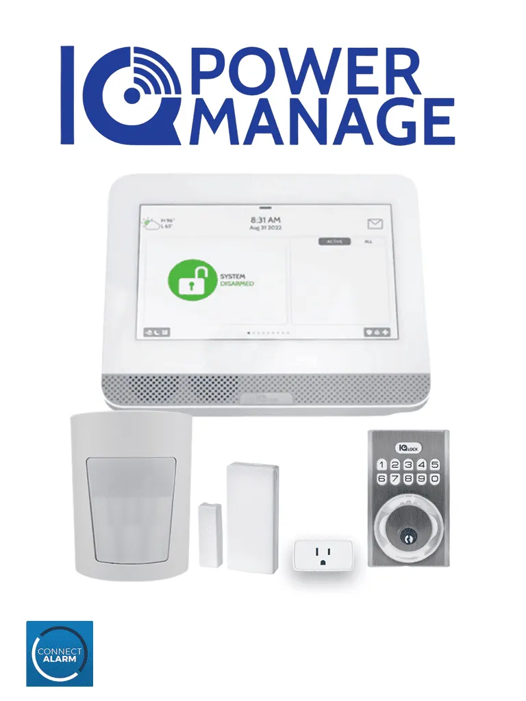 IQ4 HUB POWER MANAGE Automation KIT - Paquete que contiene Sistema IQ 4 HUB POWER MANAGE, con pantalla táctil de 7",  1 sensor PIR inalámbrico PGP9914, 1 sensor magnético inalámbricos PG9303, 1 enchufe inteligente y una cerradura Power G