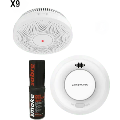 Kit de Detección de Humo / 9 Detectores Interlink + Hub Wi-Fi / Interconectable 30 Dispositivos / Batería 10 Años / Alarma 85 dB / Probador SABRE Incluido / Hik-Connect