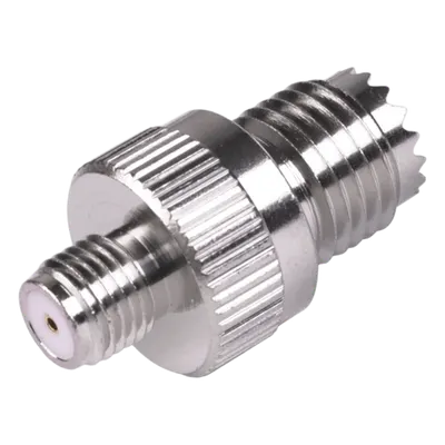 Adaptador RF Coaxial / Mini-UHF Hembra a SMA Hembra / Montaje en Línea / Cuerpo Bronce Niquelado / Contacto Oro / Aislante Teflón