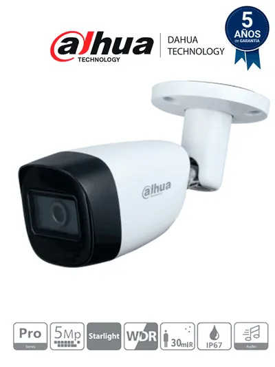 Dahua HAC-HFW2501CM-A - Cámara Ballet de 5 megapíxeles/ Serie Pro/ Lente 3.6mm/ 92 Grados de Apertura/ Micrófono Integrado/ IR de 30 Metros/ WDR 120dB/ 3D NR/  IP67
