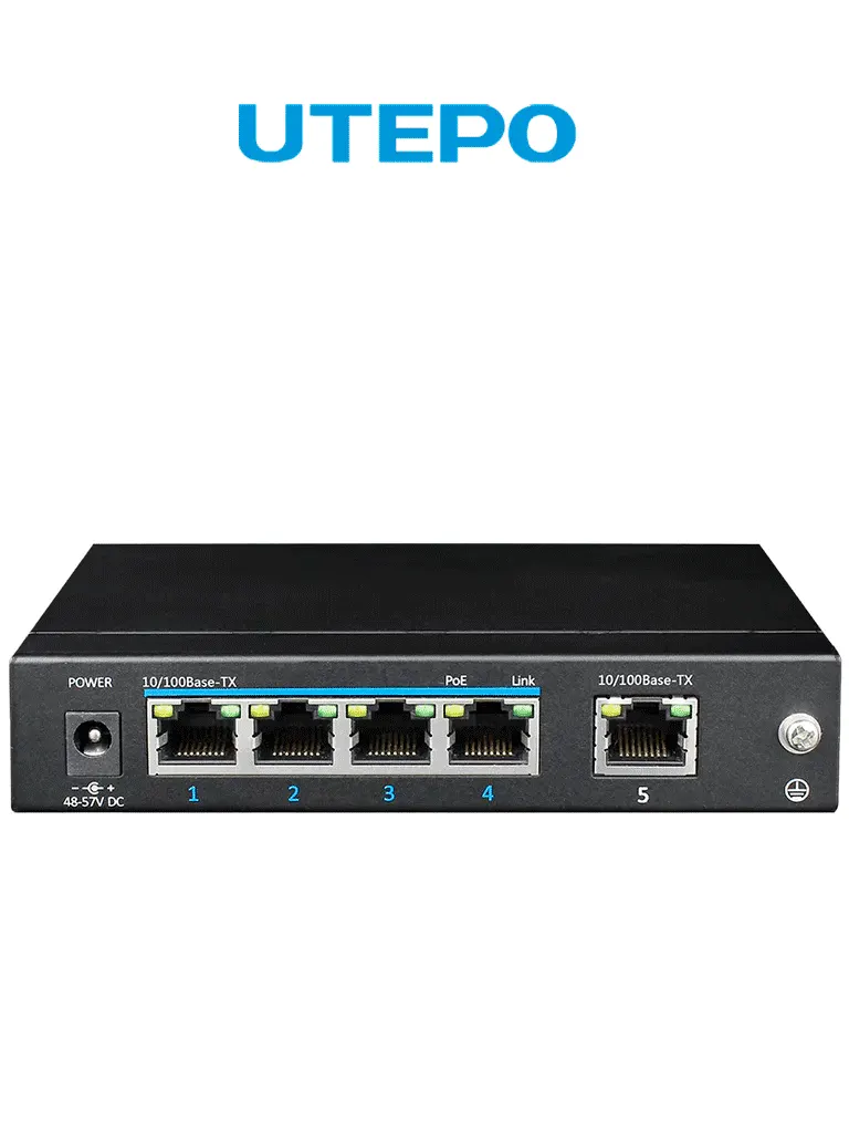 UTEPO UTP3SW0401TP60 - Switch PoE no administrable de 5 puertos Fast Ethernet, 4 puertos PoE (60W totales), 1 puerto uplink, compatible con 802.3af/at, conexión hasta 250m en modo CCTV