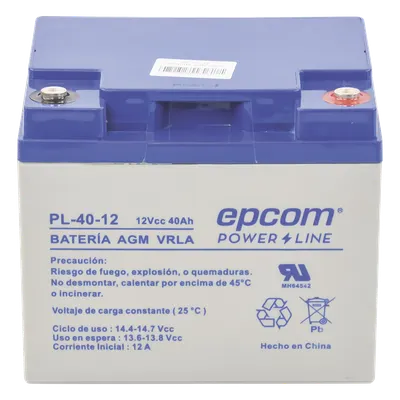 Batería 12 Vcc / 40 Ah / UL / Tecnología AGM-VRLA / Para uso en equipo electrónico Alarmas de intrusión / Incendio/ Control de acceso / Video Vigilancia / Terminales tipo M6 ( HEX ) / Cargador recomendado CHR-250.