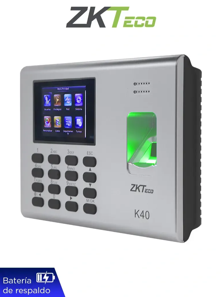 ZKTECO K40 - Control de Asistencia y Acceso Basico con Huella Digital BioID (1000), Conexion TCP/IP, SSR (Reporte en Hoja de Calculo Mediante USB) y Bateria de Respaldo de 2 Horas