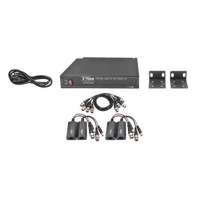 Kit de 4 canales de para transmisión de ALIMENTACION ( de 36 Vcc a 12Vcc ) y VIDEO (HD-TVI) a distancias de hasta 250 mts.