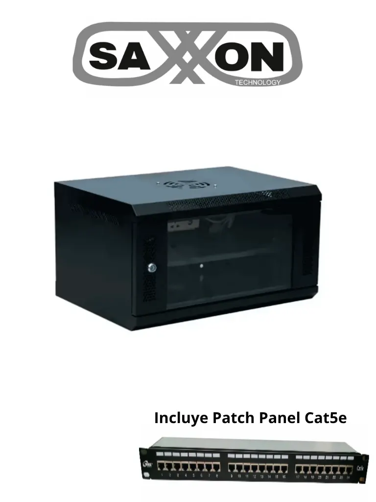 SAXXON SX-R6UP-6406S + OC5U8BBH24K - Gabinete de Pared 6UR con Puerta de Vidrio Templado y Patch Panel Cat 5e de 24 Puertos