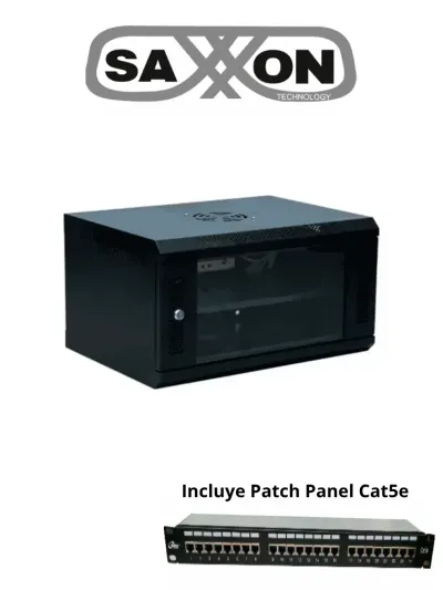 SAXXON SX-R6UP-6406S + OC5U8BBH24K - Gabinete de Pared 6UR con Puerta de Vidrio Templado y Patch Panel Cat 5e de 24 Puertos