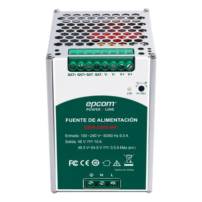 Fuente de Alimentación Industrial DIN Riel / 480 W / Salida 48 VCC 10 A / Eficiencia ≥93% / Carga de Batería / -20°C a 70°C
