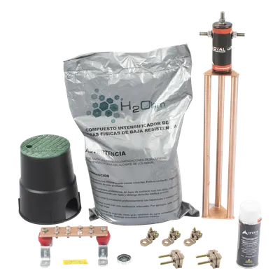 Kit de Puesta a Tierra / 45 A / Resistencia < 2 Ω / Electrodo Magnetoactivo / Compuesto Higroscópico / Brújula y Nivel Integrados