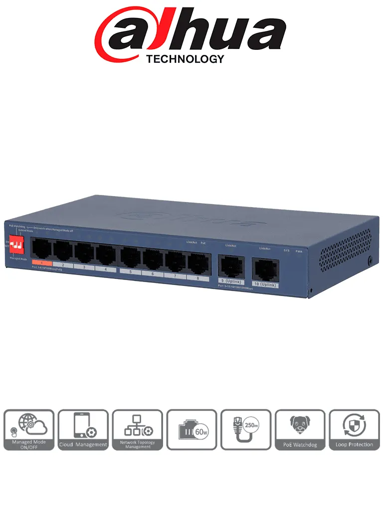 Switch PoE Dahua DH-CS4010-8ET2GT-60 con 8 puertos y gestión en la nube