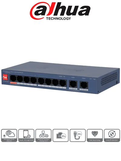 Switch PoE Dahua DH-CS4010-8ET2GT-60 con 8 puertos y gestión en la nube