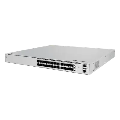 Switch Core Capa 3 / 16 puertos SFP 10 Gbps + 8 puertos SFP28 25 Gbps / Conmutación 1,120 Gbit/s / Reenvío 833 Mpps / iStack sin licenciamiento / Ruteo dinámico RIP/OSPF/BGP/IS-IS / Fuente AC/DC intercambiable / 1U