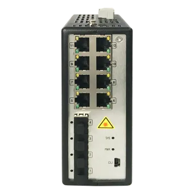 Switch Industrial Administrable / 8 Puertos Gigabit PoE+ 30W / 4 Puertos SFP / 250W Total / 48-57 VCD / -40°C a 75°C / 140×52×110 mm / 5.5×2.0×4.3 pulgadas