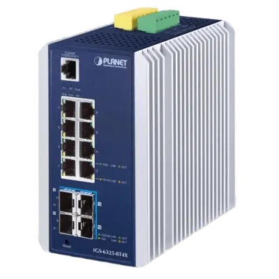 Switch Industrial Capa 3 / 8 Puertos Gigabit / 4 Puertos SFP+ 10G / -40 a 75°C / 136 Gbps / IP30
